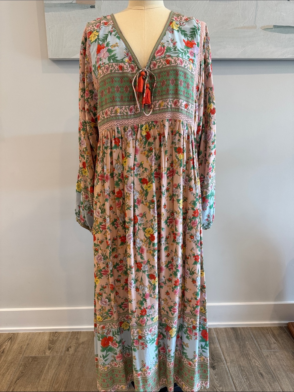 Archived Tulle & Batiste Bohemian Floral Maxi Dress in Blush and Sage- size XL
